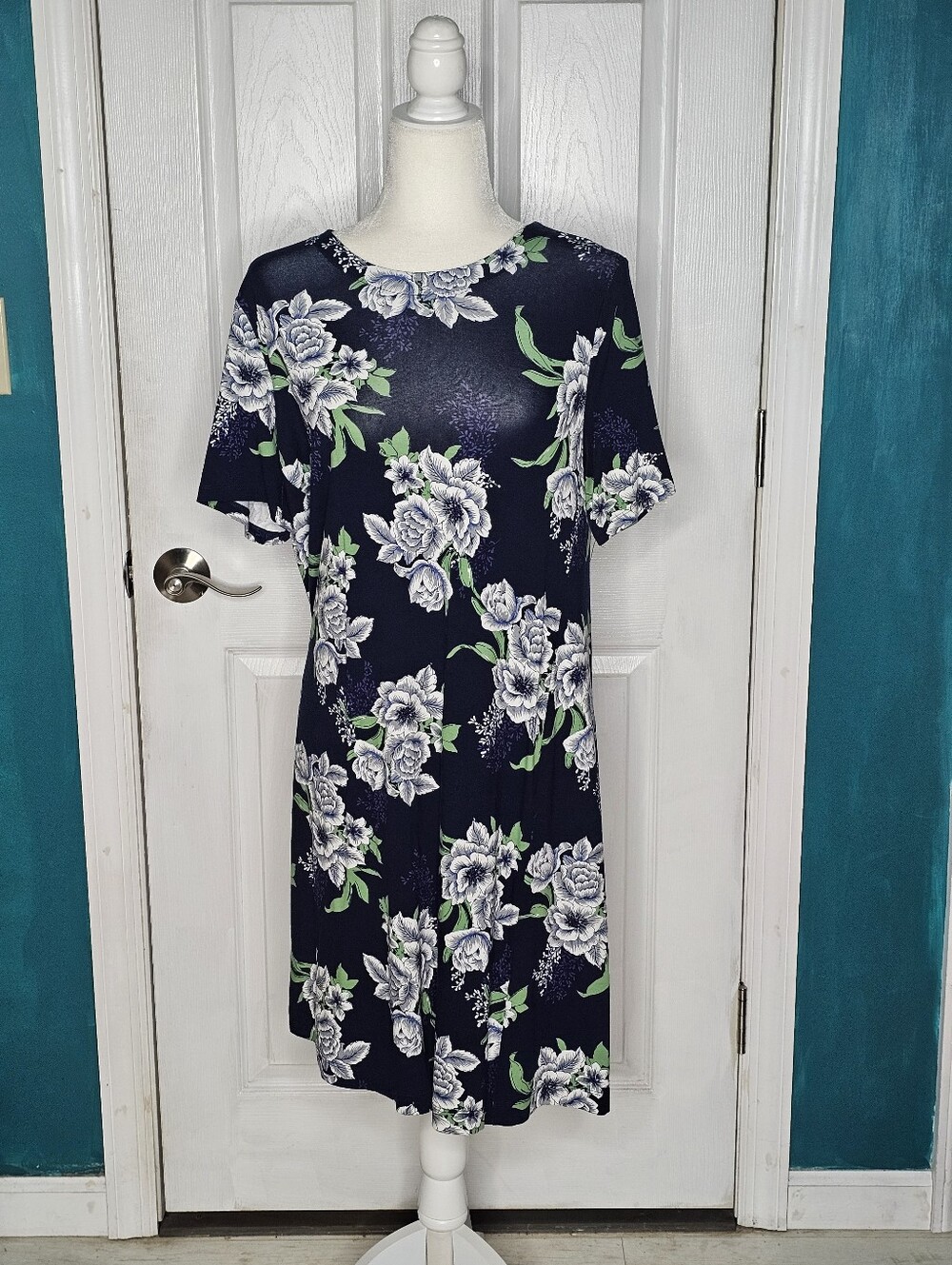 Floral A-Line Navy Dress with White & Green Blooms